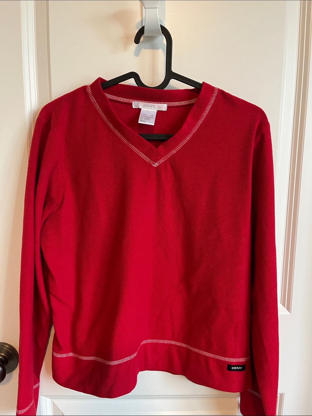 DKNY Red V-Neck Pullover Sweater with Contrast Stitching